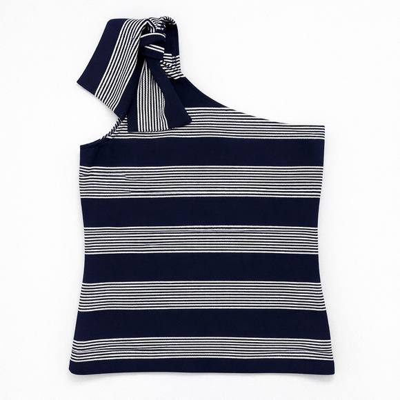 BISHOP & YOUNG Navy Striped One Shoulder Bow Top Size Small - Picture 2 of 12